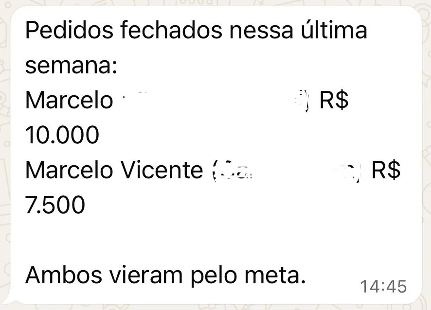 Print de WhatsApp: pedidos fechados na semana de R$ 10.000 e R$ 7.500, ambos vindos de anúncios no Meta