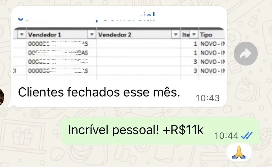 Print de WhatsApp com planilha de clientes fechados no mês e a mensagem Incrível pessoal, mais de R$ 11 mil